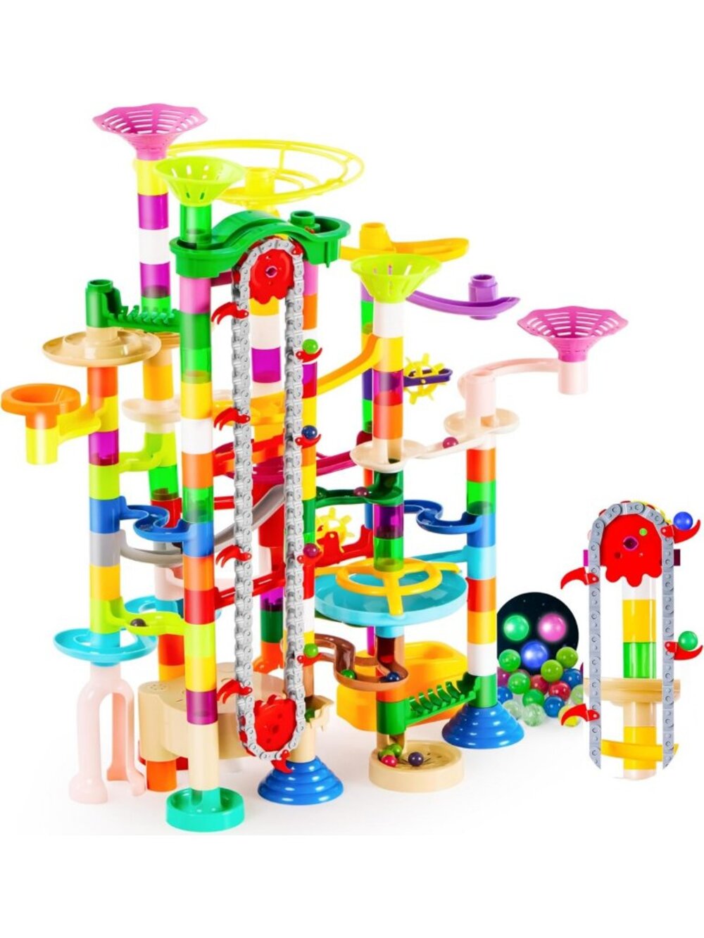 Glow in the Dark Marble Run Set with Motorized Elevator - 236 Pcs STEM Building
